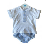 Sardon Baby Boy White and Blue Stripe Bubble Short Set